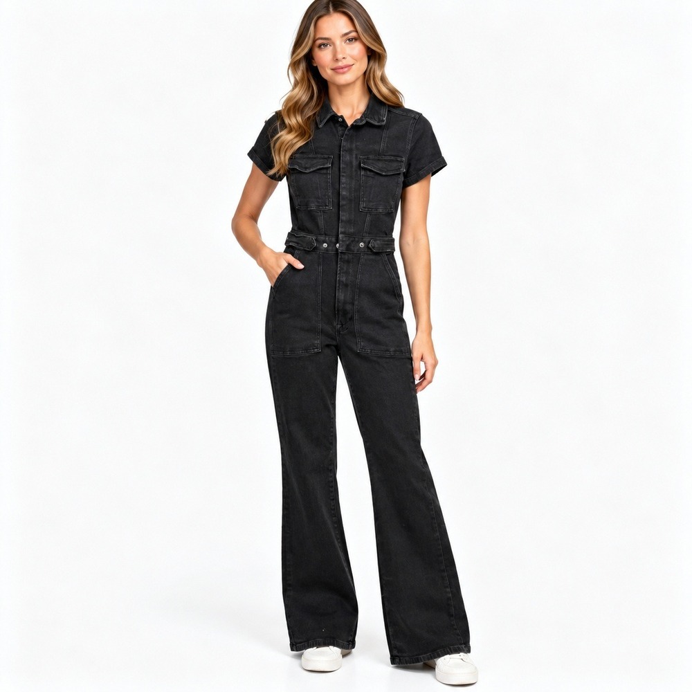 Good American Fit For Success Boot Jumpsuit Black Denim Short Sleeve XS